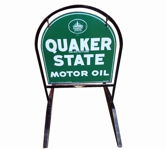 Vintage Quaker State Motor Oil double-sided tin curb sign in original stand.