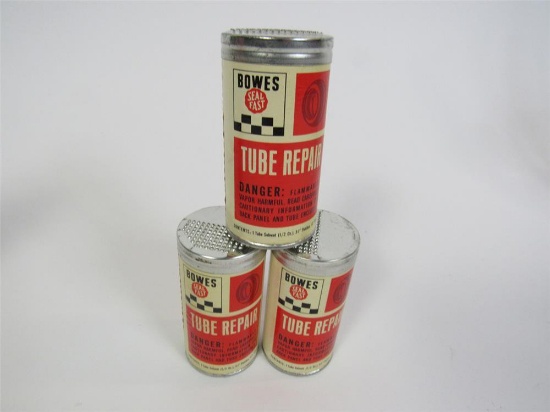 Lot of three NOS 1950s Bowes Tube Repair Tins still full and unused.