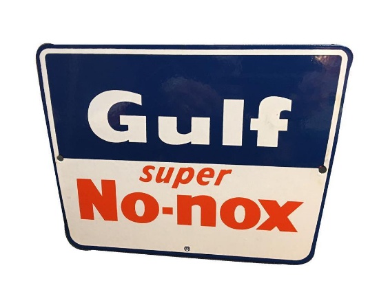 Very clean early 1960s Gulf Super No-Nox single-sided porcelain pump plate sign.