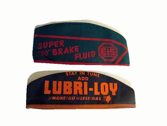 NOS 1950s Lubri-Loy More Go - Less Gas and EIS Super 50 Brake Fluid cloth service station attendants