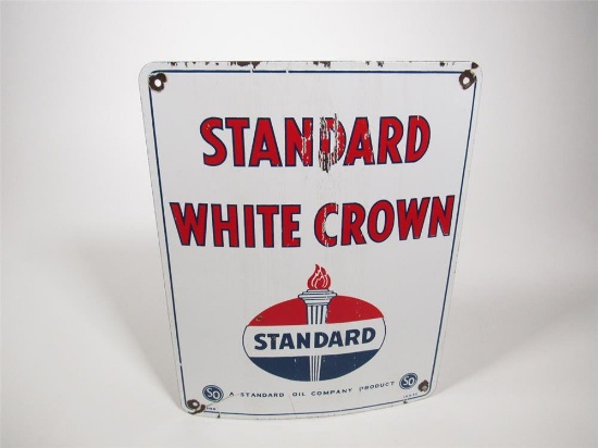 1950 Standard White Crown Gasoline single-sided porcelain pump plate sign.