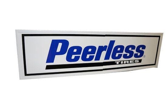 Large NOS Peerless Tires two-piece horizontal tin garage sign pulled out of the original shipping pa