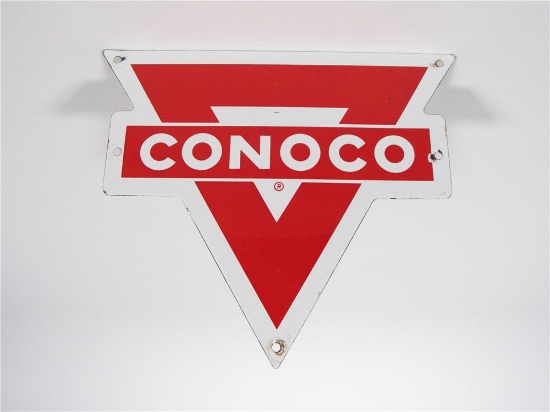 Circa 1940s-early 50s Conoco Motor Oil single-sided porcelain fuel island rack sign.