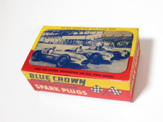 Circa 1940s-50s Blue Crown Spark Plugs display box featuring Three Time Winner Indianapolis 500 Mile