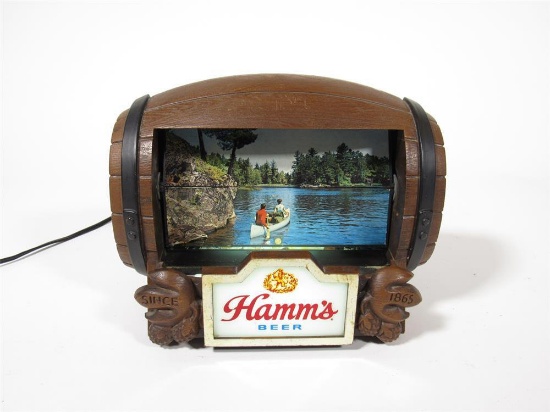 Vintage 1960s Hamms Beer three-dimensional barrel rotating scenes tavern sign.