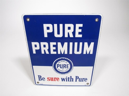 Near-perfect NOS 1948 Pure Oil Pure Premium single-sided porcelain pump plate sign with Pure sawtoot
