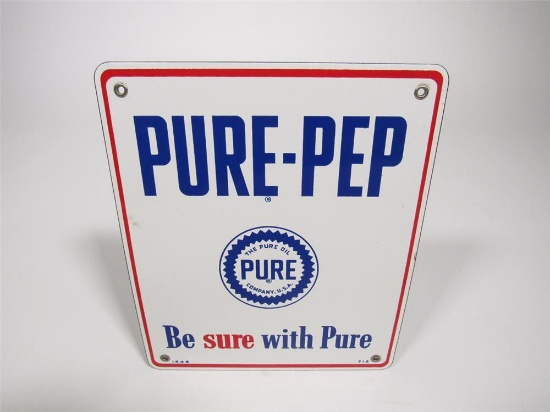 NOS 1948 Pure Oil Pure-Pep gasoline single-sided porcelain pump plate sign with Pure sawtooth logo.