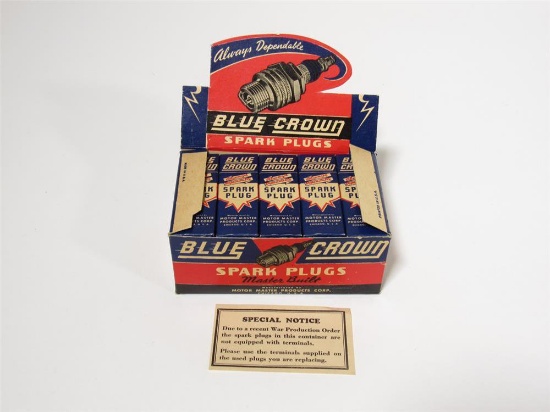 Sharp NOS early 1940s Blue Crown Spark Plugs automotive garage countertop display.