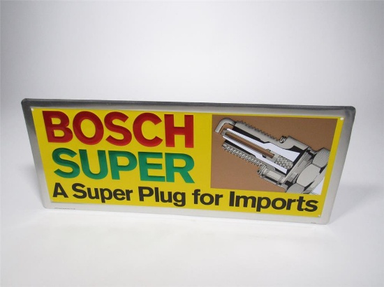 Sharp NOS Bosch Super A Super Plug for Imports single-sided embossed tin automotive garage sign.