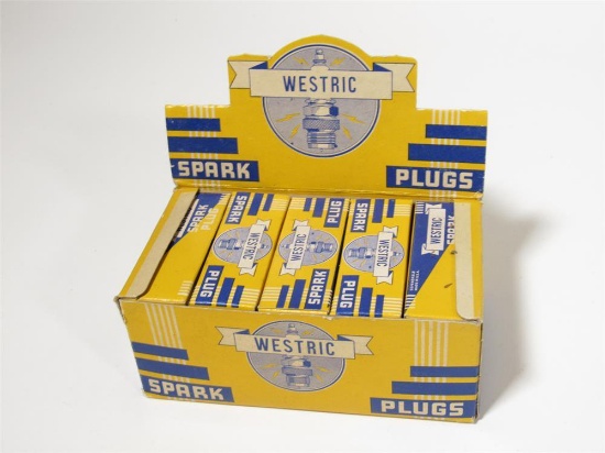 Impressive 1930s Westric Spark Plugs automotive garage countertop display box with marquee lid.