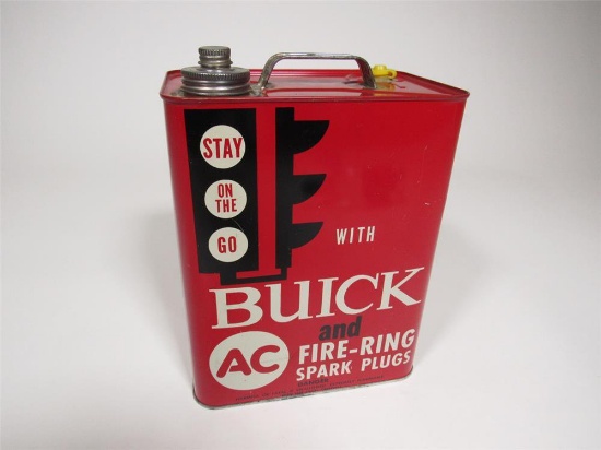 Rare circa early 1960s Buick and AC Fire-Ring Spark Plugs Emergency 2-gallon gasoline tin.
