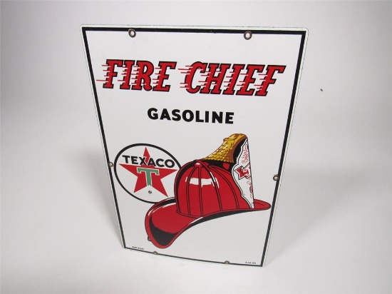 Sharp 1960 Texaco Fire Chief Gasoline single-sided porcelain pump plate sign with Fire Chief helmet 