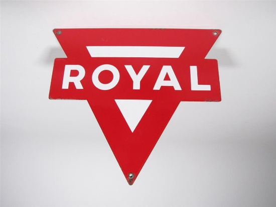 Sharp NOS 1950s Conoco Royal Gasoline single-sided die-cut porcelain pump plate sign.