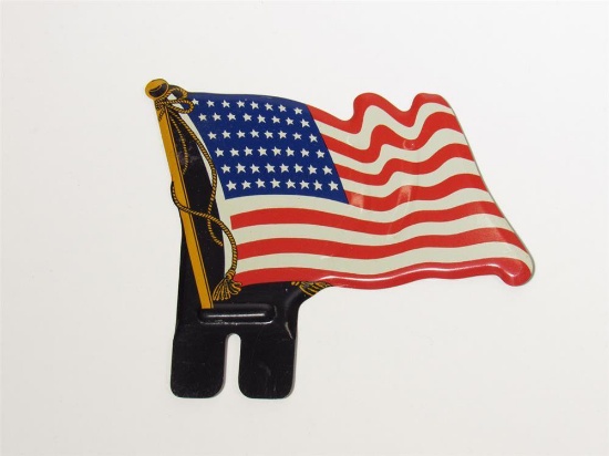NOS Patriotic 1940s American Flag die-cut tin license plate attachment sign.