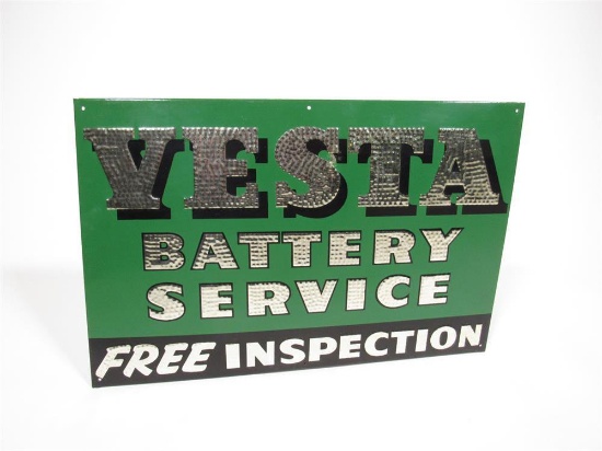 Neat NOS 1930s Vesta Battery Service Free Inspection single-sided embossed tin automotive garage sig