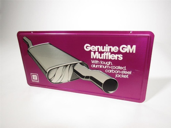 NOS circa 1970s Genuine GM Mufflers single-sided embossed tin service department sign.