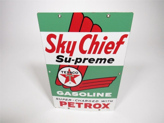 Excellent 1962 Texaco Sky Chief Supreme Gasoline single-sided porcelain pump plate sign with Sky Chi