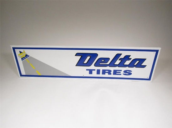 Good-looking Delta Tires self-framed single-sided tin horizontal garage sign with Delta logo.