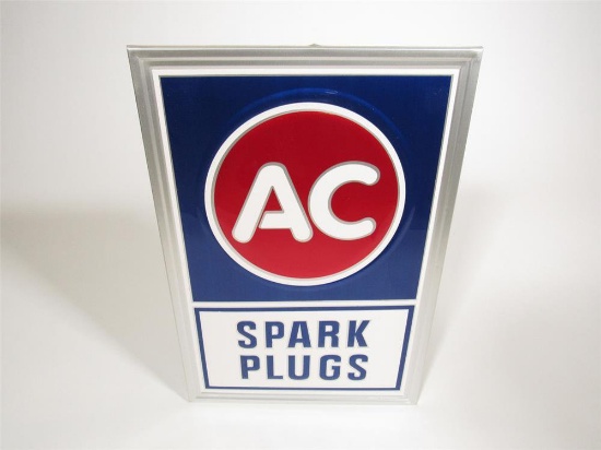 NOS vintage AC Spark Plugs single-sided self-framed tin automotive garage sign.