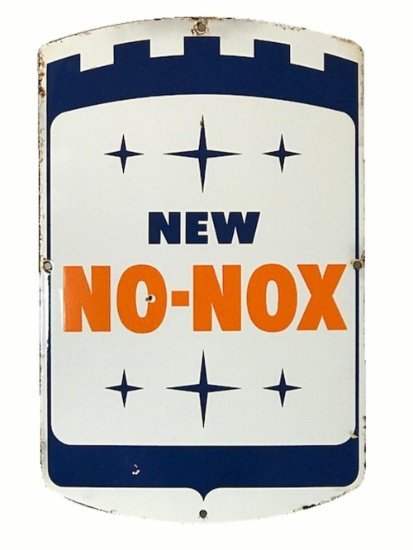 Early 1960s Gulf Oil New No-Nox Gasoline single-sided porcelain pump plate sign.