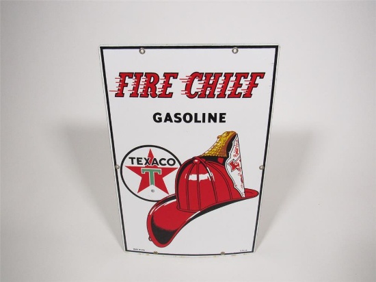 Fabulous 1963 Texaco Fire Chief Gasoline single-sided porcelain pump plate sign.