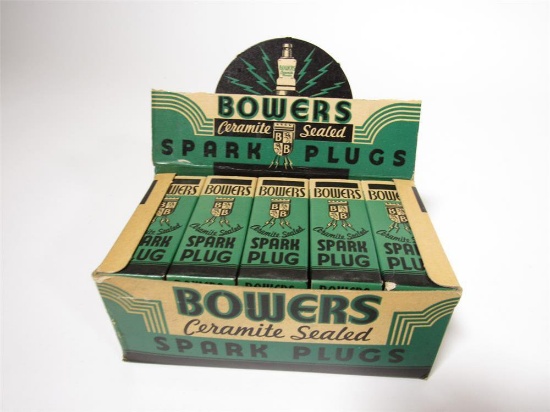 Stellar 1930s Bowers Ceramite Sealed Spark Plugs countertop display box with marquee lid.