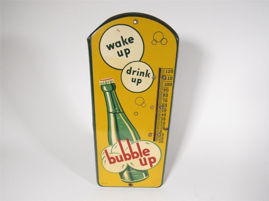 Very unusual circa 1940s-50s Bubble Up Soda oversized tin diner thermometer with bottle graphic.