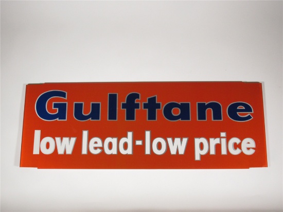 NOS 1960s Gulf Oil Gulftane low lead-low price double-sided tin service station sign.