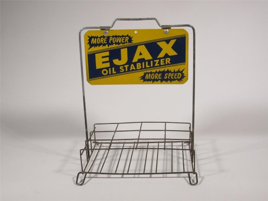 NOS circa 1950s Ejax Oil Stabilizer More Speed - More Power double-sided tin display rack.