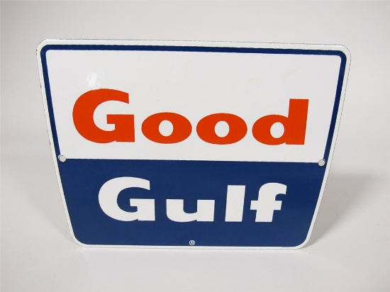 NOS early 1960s Gulf Oil Good Gulf Gasoline single-sided porcelain pump plate sign.