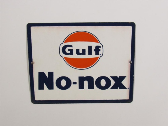Desirable late 1950s-early 60s Gulf No-Nox Gasoline single-sided porcelain pump plate sign Gulf logo
