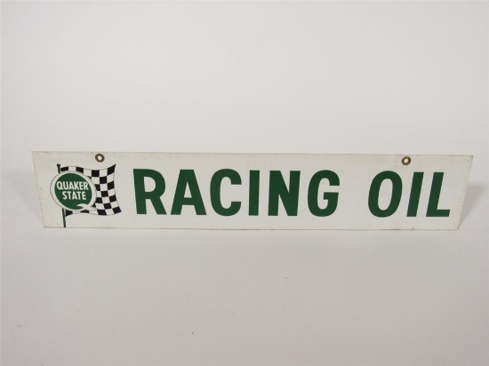 Terrific 1967 Quaker State Racing Oil double-sided tin sign with checkered flag logo.