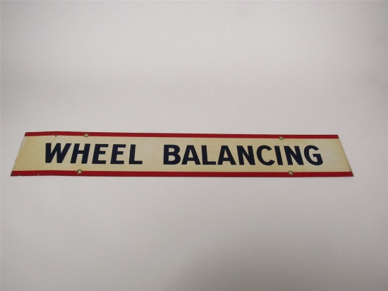 Possibly NOS 1950s automotive garage Wheel Balancing double-sided tin sign.