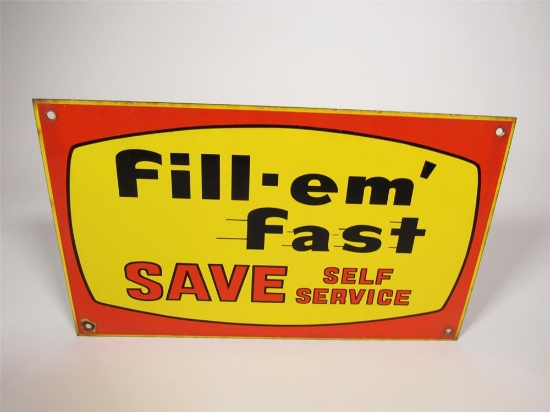 Late 1950s-early 60s Fill-em Fast Gas single-sided porcelain pump plate sign.