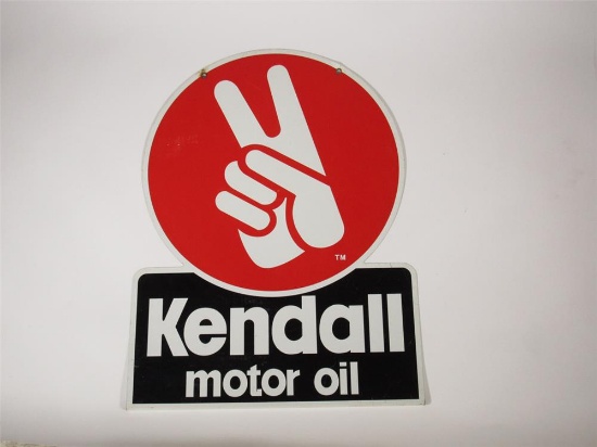 Vintage Kendall Motor Oil double-sided die-cut tin sign with hand/finger logo.