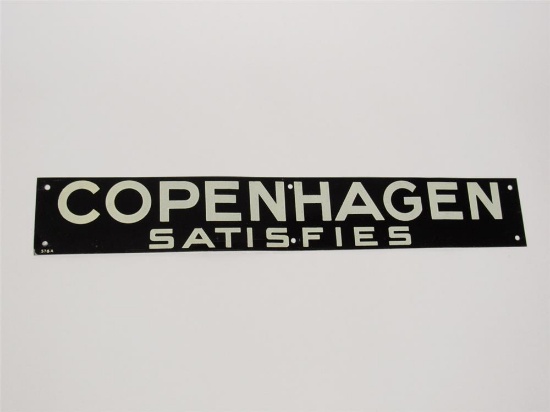 NOS 1930s Copenhagen Tobacco Satisfies single-sided tin general store sign.