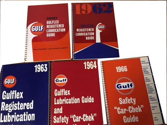 Lot of five NOS 1961 thru 1966 Gulf Oil service department Gulflex Lubrication Guide and Safety Car-