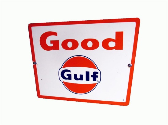 Very clean late 1950s-early 60s Good Gulf Gasoline porcelain pump plate sign with Gulf Oil logo.