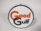 Immaculate NOS early 1950s Gulf Oil Good Gulf Gasoline single-sided porcelain pump plate sign.