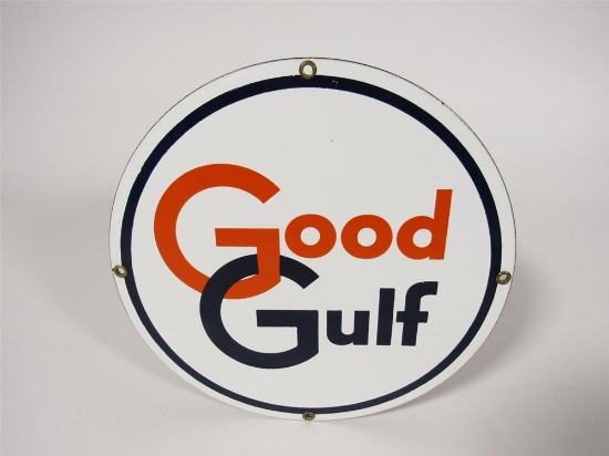 Immaculate NOS early 1950s Gulf Oil Good Gulf Gasoline single-sided porcelain pump plate sign.