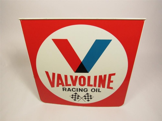 Sharp 1960s Valvoline Racing Motor Oil double-sided tin sign with checkered flag logo.