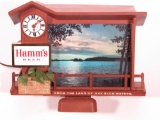 Very cool 1960s Hamms Beer sunrise-sunset colorful lighted motion tavern sign with clock.