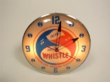 Highly prized 1962 Whistle Orange Soda glass-faced light-up diner clock by Pam Clock Company.