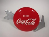 Exquisite 1950s Drink Coca-Cola 12 tin button arrow sign.