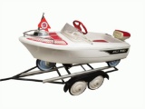 Exceptionally restored Murray Jolly Roger speedboat pedal car with custom-made boat trailer.