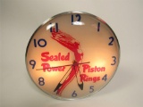 Sharp circa 1940s-50s Perfect Circle Piston Rings glass-faced light-up service station clock with fl