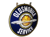 Majestic circa 1940s-50s Oldsmobile Service double-sided porcelain dealership sign.