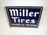Phenomenal 1930s Miller Tires Geared To The Road double-sided porcelain automotive garage flange. Da