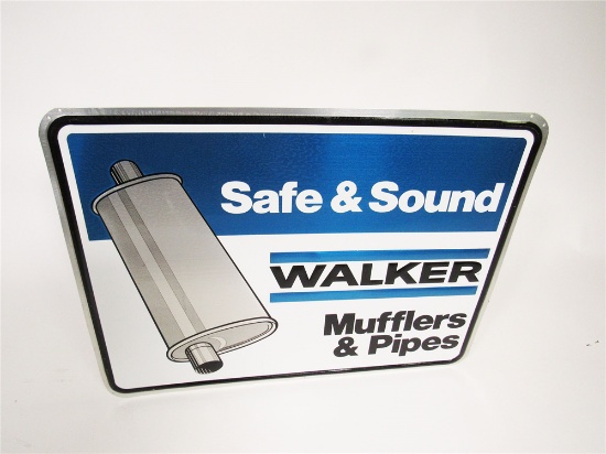 NOS VINTAGE WALKER MUFFLERS AND PIPES SAFE AND SOUND SINGLE-SIDED EMBOSSED TIN SIGN WITH PERIOD MUFF