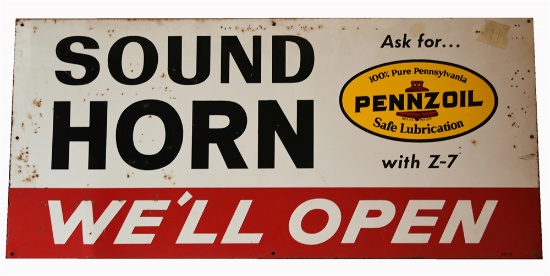 CIRCA 1960S PENNZOIL SOUND YOUR HORN - WELL OPEN SINGLE-SIDED TIN AUTOMOTIVE GARAGE SIGN.
